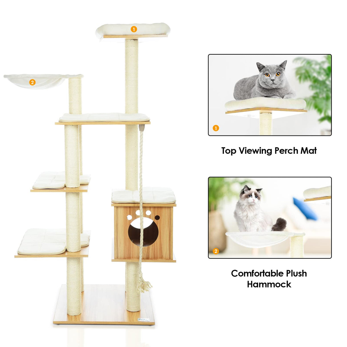 69-Inch Large Cat Tree Tower for Indoor Cats, Modern Wood Multi-Level Cat Climbing