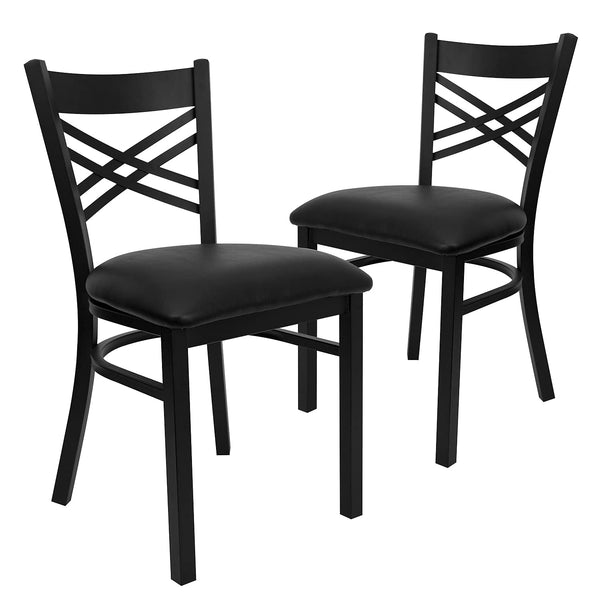 2 Pack HERCULES Series Black ''X'' Back Metal Restaurant Chair - Black Vinyl Seat