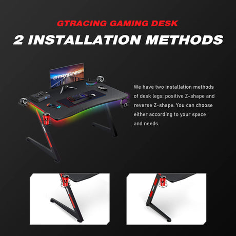 Gaming Desk with Led Strip Lights, 44 Inch Ergonomic Z-Shaped Carbon Fiber