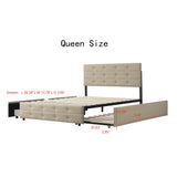 Queen Size Upholstered Bed with Trundle Bed and Two Storage Drawers Beige Tufted