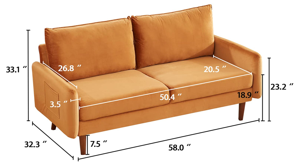 58'' Mid Century Modern Sofa, Small Love Seats for Small Spaces, Velvet Couch