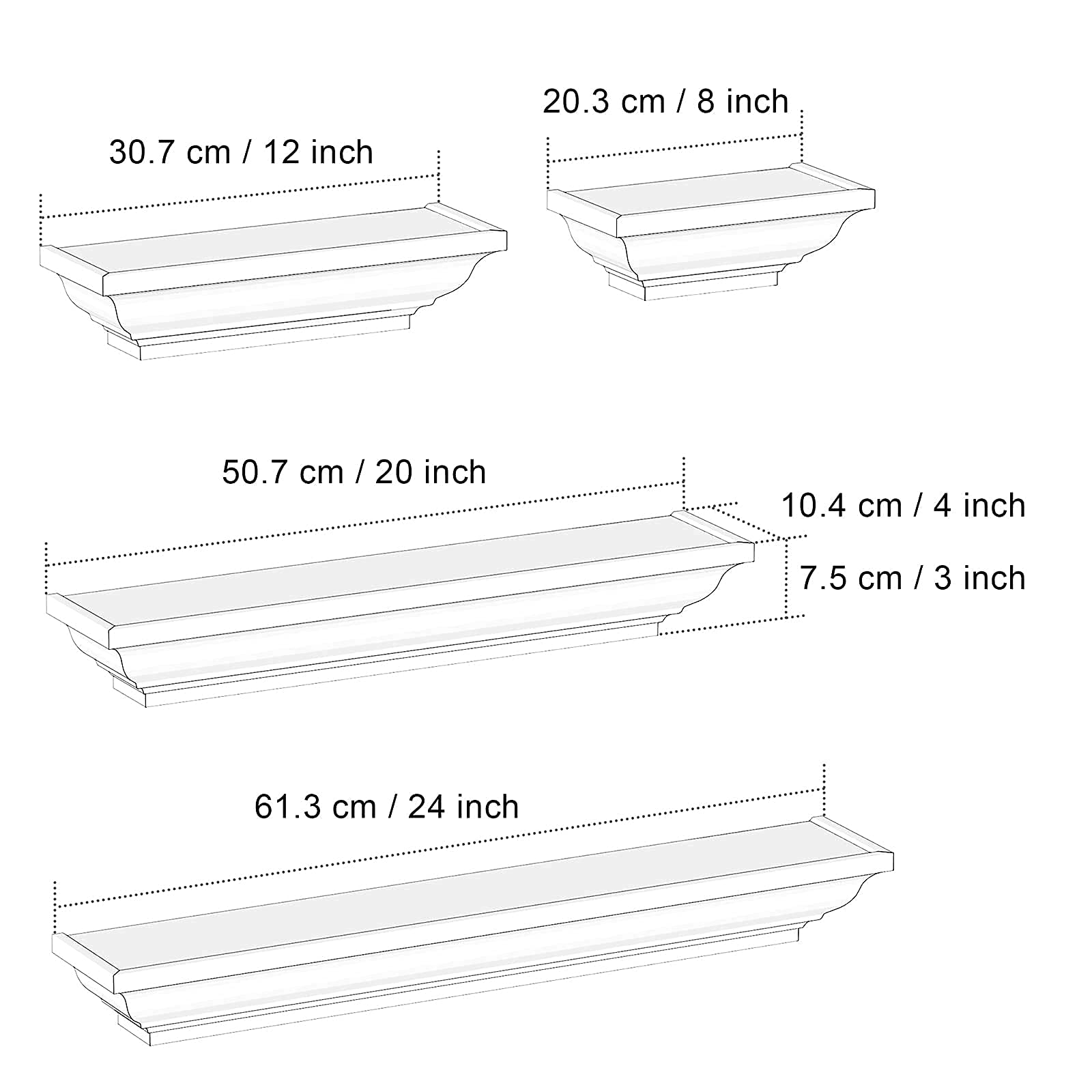 White Floating Shelves, 24 Inch Solid Wood Storage Wall Shelves Set of 4 Display