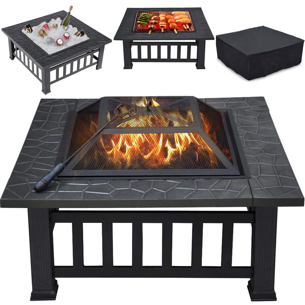 Multifunctional Table 32in Square Firepit Stove Backyard Garden Fireplace