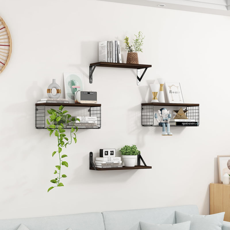 Wall Floating Shelves, Wall Mounted Shelf Set of 4, with Metal Baskets, Rustic Décor Style