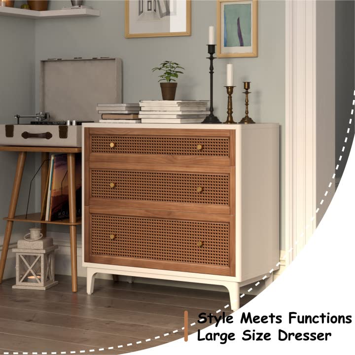 Farmhouse 3-Drawer Rattan Cane Front Accent Dresser with Brass Knobs for Living Room