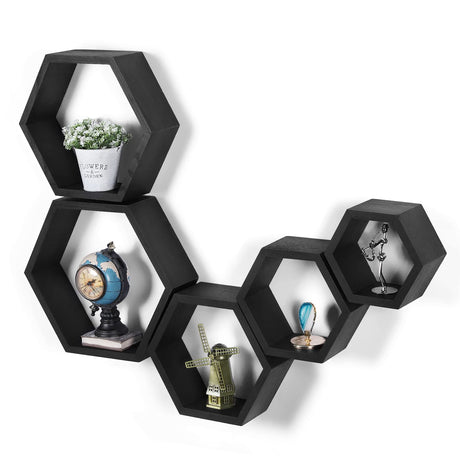 Hexagonal Floating Shelves Wall Mounted, Set of 5 Wood Farmhouse Storage