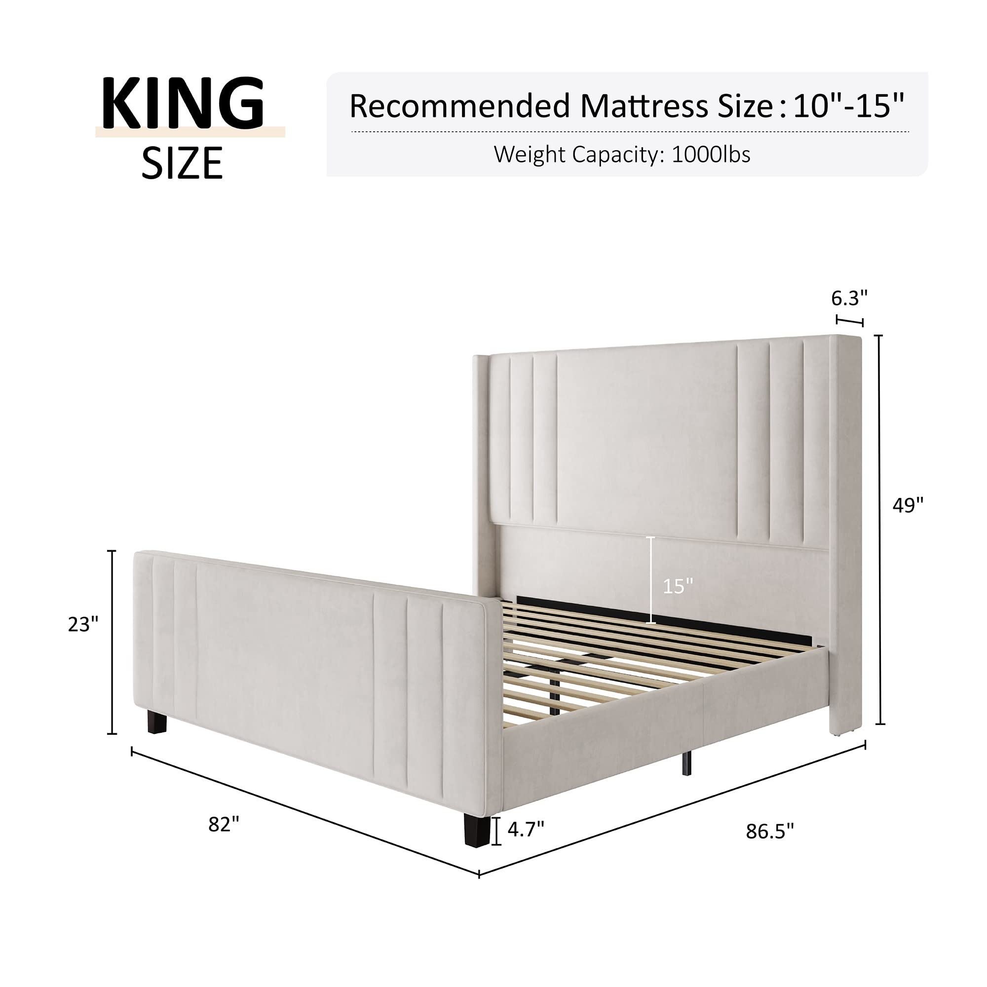 King Size Bed Frame, Velvet Upholstered Platform Bed with Vertical Channel Tufted