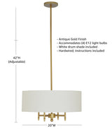 Contemporary Pendant Chandelier with White Shade - 20 x 20 x 42 Inches Adjustable Height