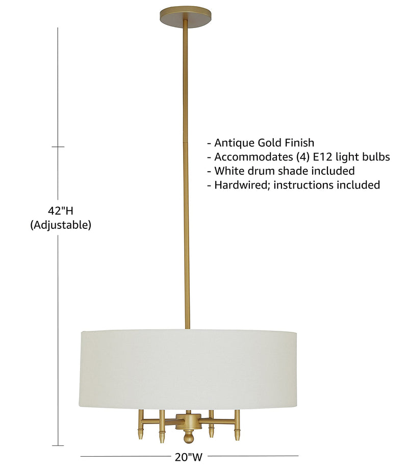 Contemporary Pendant Chandelier with White Shade - 20 x 20 x 42 Inches Adjustable Height, Antique Brass
