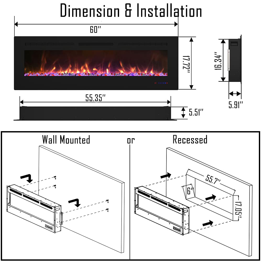 Wall Mounted & Recessed Electric Fireplace Insert