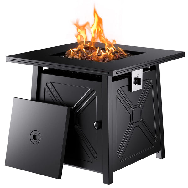 28 Inch Propane Gas Fire Pit Table, 50,000 BTU, for Outsides with Steel Lid and Lava Rock