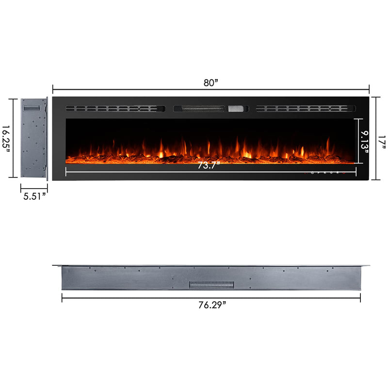 Electric Fireplaces Recessed Wall Mounted Fireplace Insert 80 Inch Wide Heater LED Fire Place