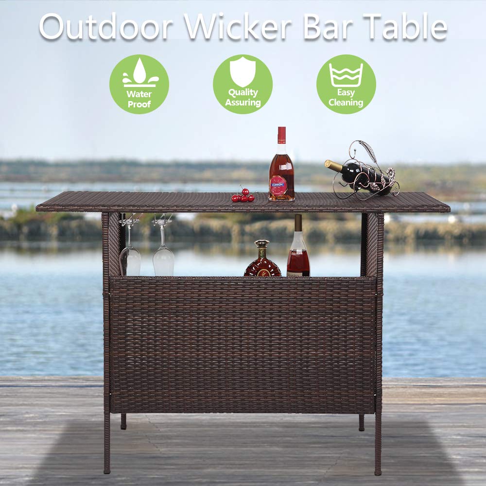 Wicker Outdoor Bar Table with 2 Steel Shelves, 2 Sets of Rails