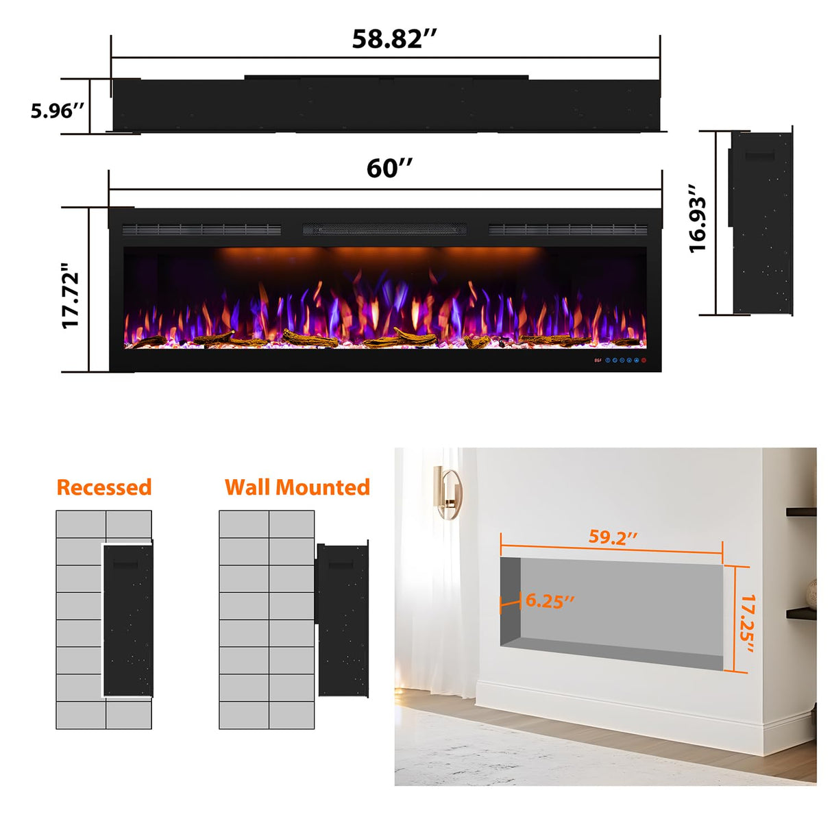 Recessed and Wall Mounted Slim Electric Fireplace