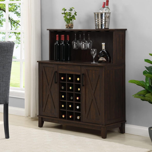 Bar Cabinet with Wine Rack and Glass Doors in Mahogany Finish