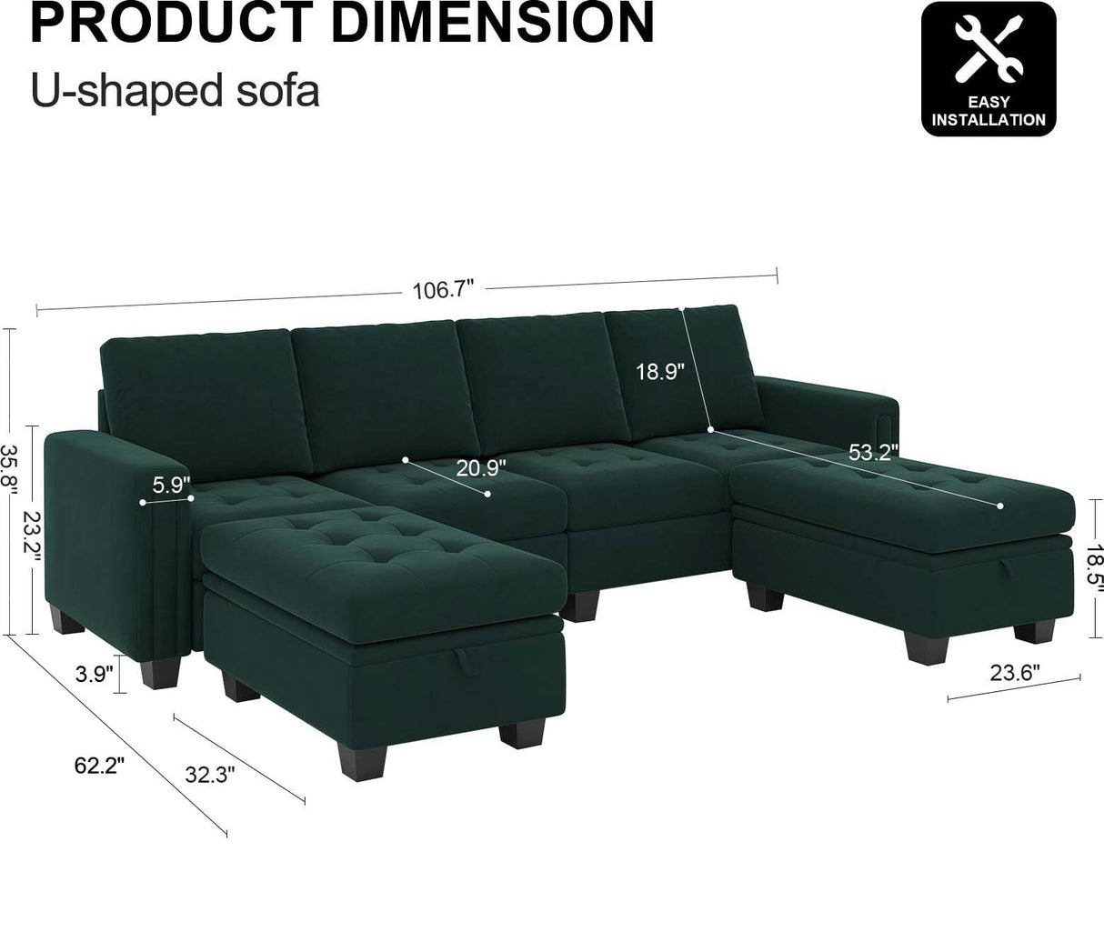 Velvet U Shaped Sectional Sofa Couch with Storage Ottoman Sectional Sofa