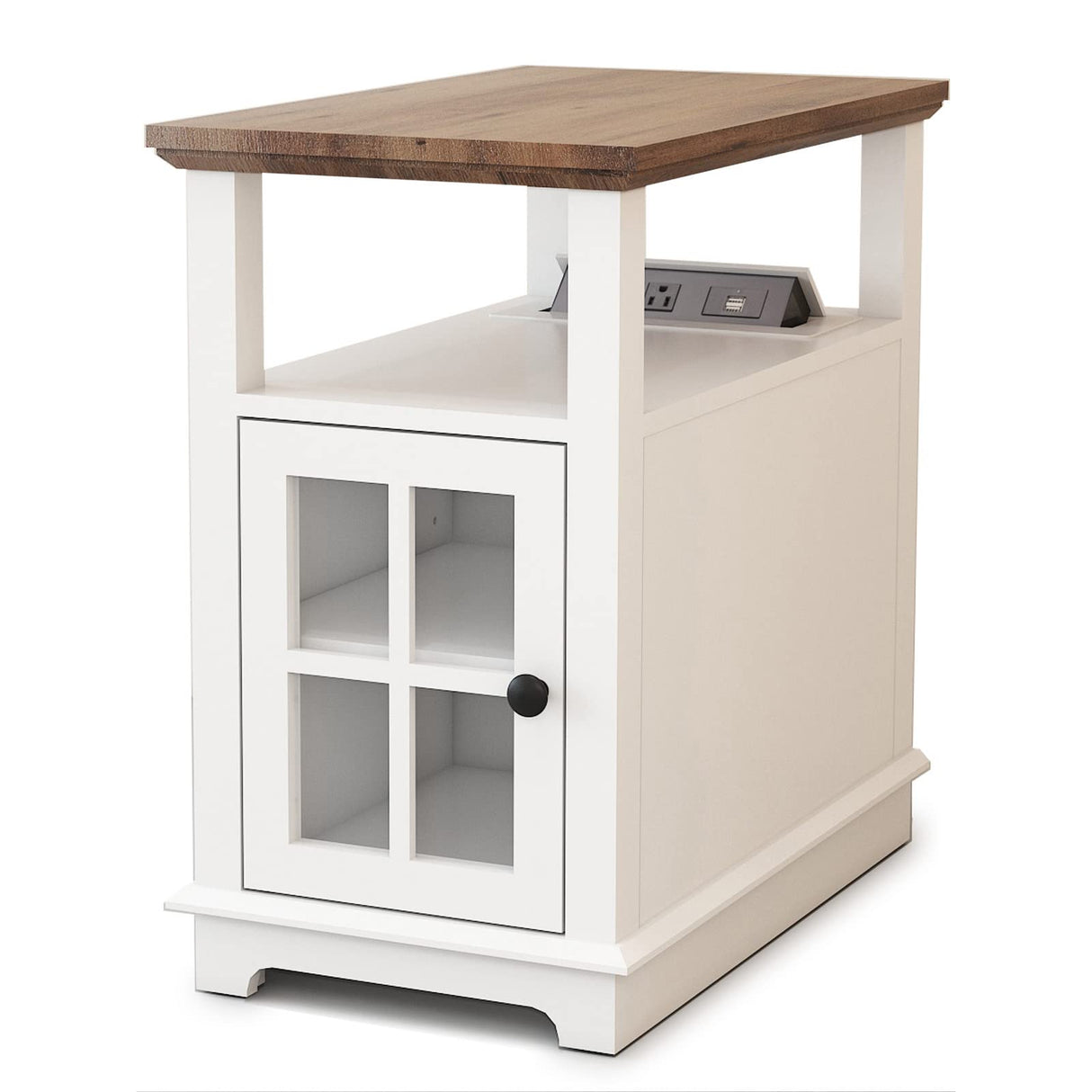 End Table with Charging Station, White Side Table with Storage, 2 Power outlets