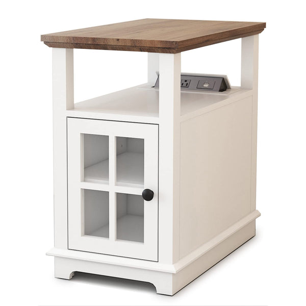 End Table with Charging Station, White Side Table with Storage, 2 Power outlets & 2 USB Ports