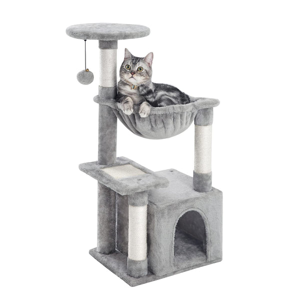 Cat Tree, Small Cat Condo Tower with Hammock, Sisal Scratching Post for Kitten Grey