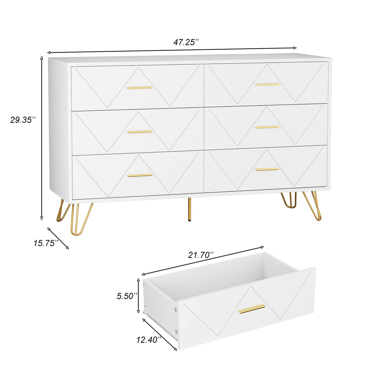 White Dresser, Modern Dresser for Bedroom, 6 Drawer Handles