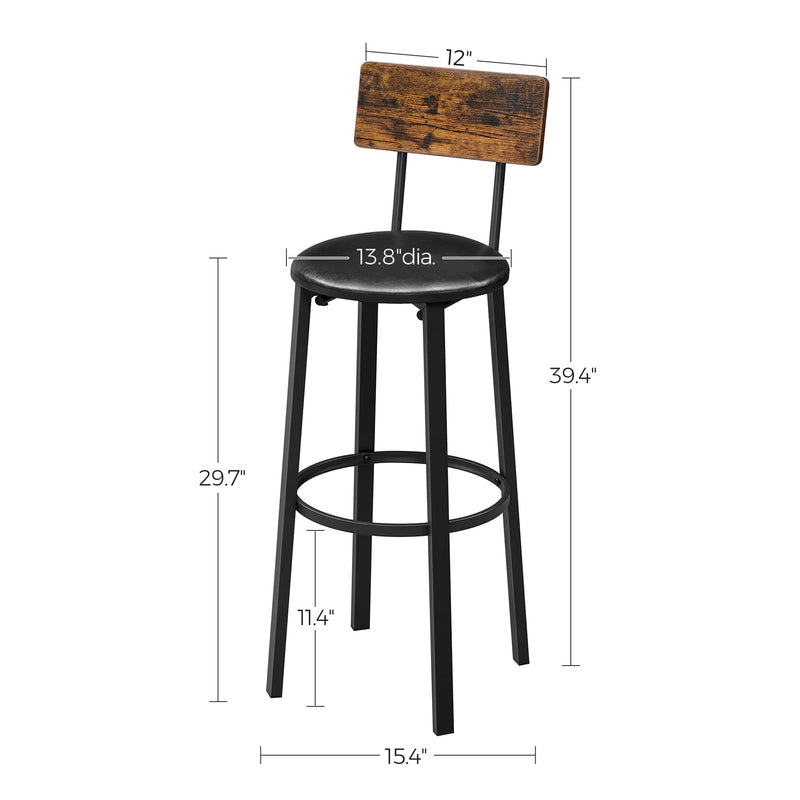 Bar Stools, Set of 2 PU Upholstered Breakfast Stools, 29.7 Inches Barstools with Back and Footrest