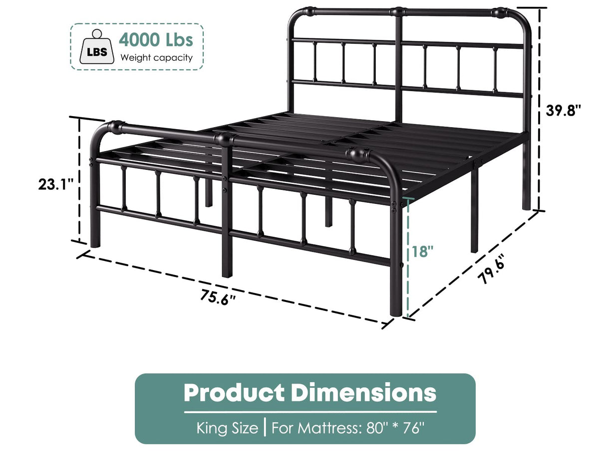 King-Bed-Frame-with-Headboard and Footboard, 18 Inch Metal Platform King