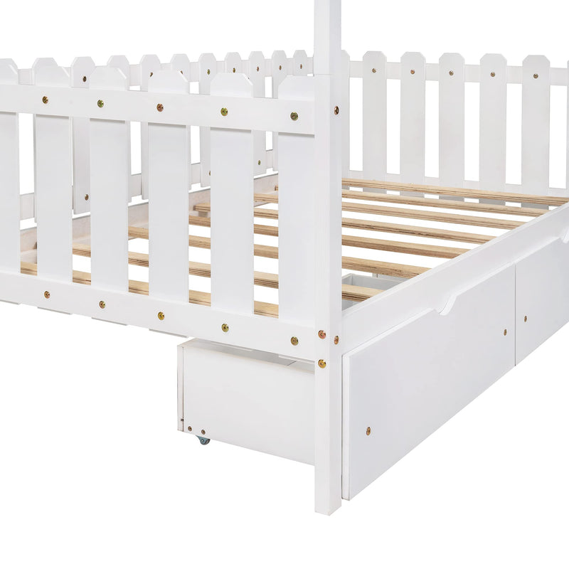 House Bed Twin, Wood House Bed Frame, House Twin Bed with Fence-Shaped Guardrails