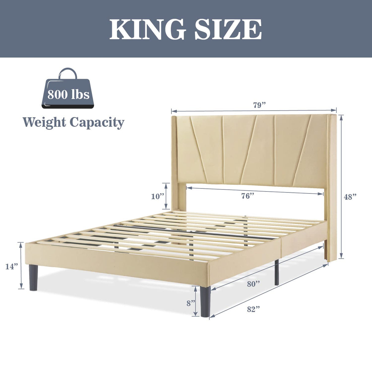 King Bed Frame/Upholstered Platform Bed with Geometric Wingback Headboard