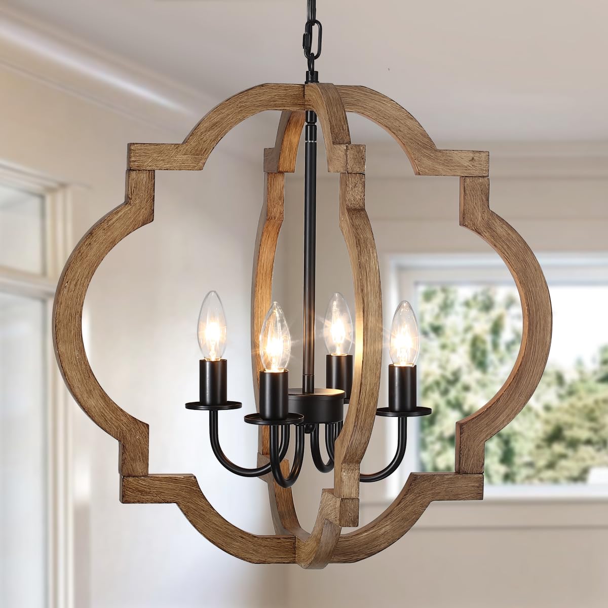 21.65'' Farmhouse Wood Chandelier, Rustic Orb Chandelier for Dining Room