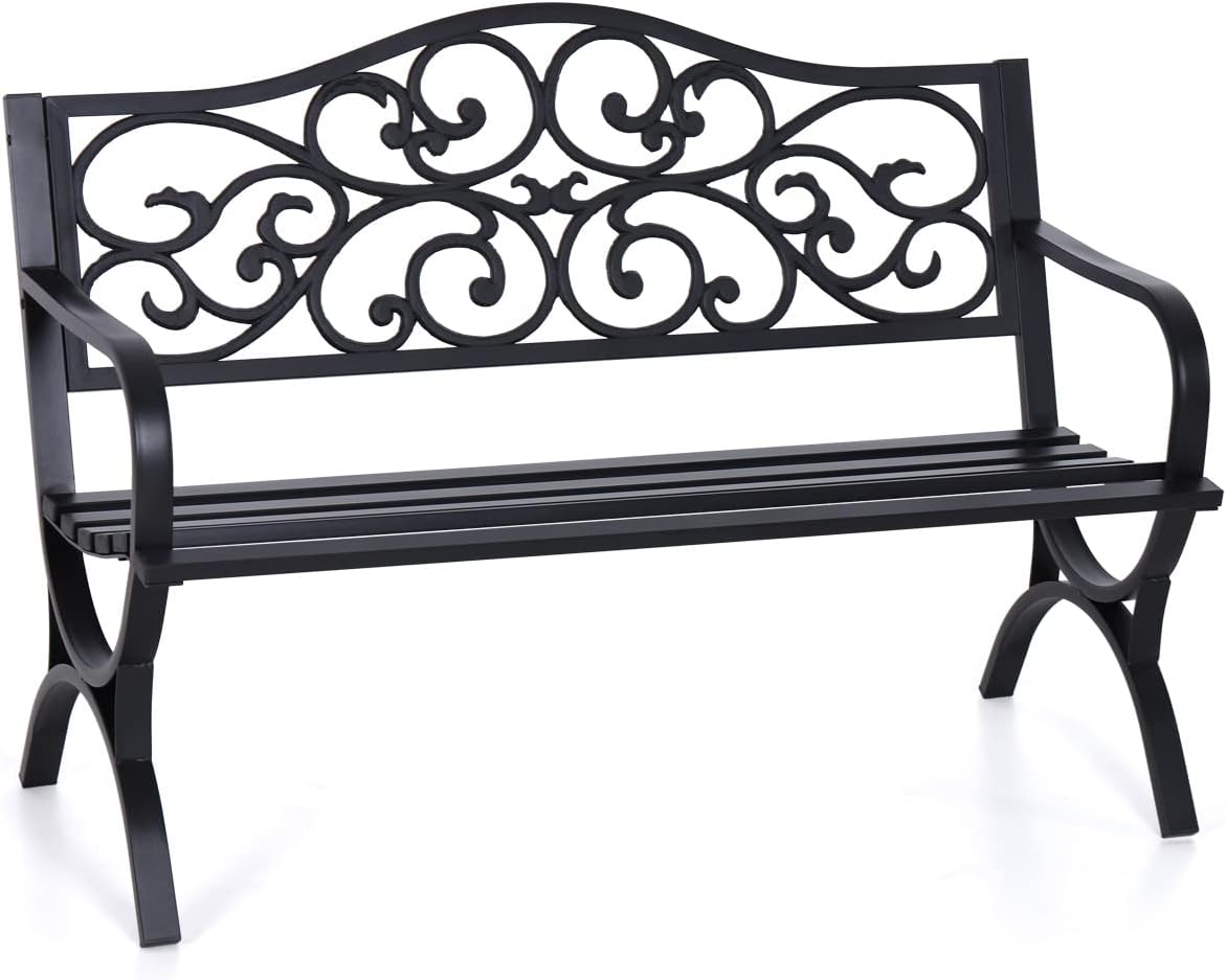 50 Inches Outdoor Garden Bench ,Cast Iron Metal Frame Patio Park Bench with Floral Pattern