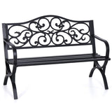 50 Inches Outdoor Garden Bench ,Cast Iron Metal Frame Patio Park Bench with Floral Pattern