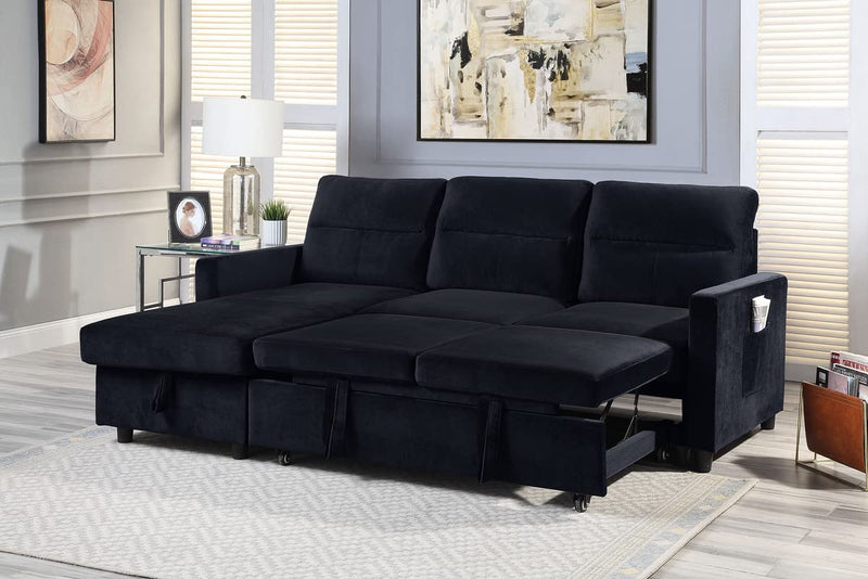 MMTGO 83'' L-Shape Convertible Sleeper Sectional Sofa with Storage Chaise and Pull-Out Bed, Velvet Reversible Corner 3 Person Couch w/Button Tufted Backrest, for Living Room, Apartment, Black, 81.5