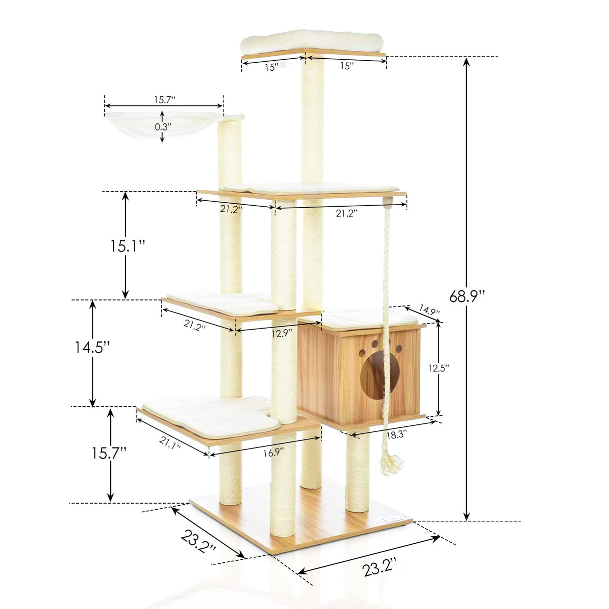 69-Inch Large Cat Tree Tower for Indoor Cats, Modern Wood Multi-Level Cat Climbing