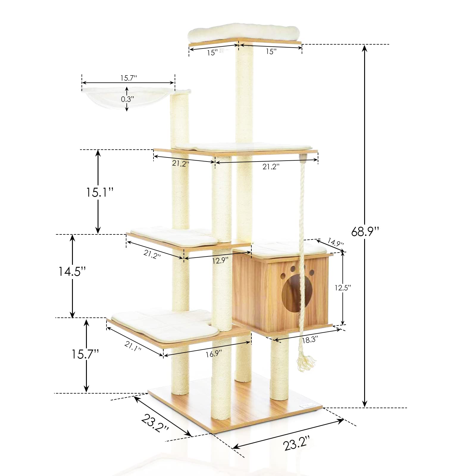 69-Inch Large Cat Tree Tower for Indoor Cats, Modern Wood Multi-Level Cat Climbing