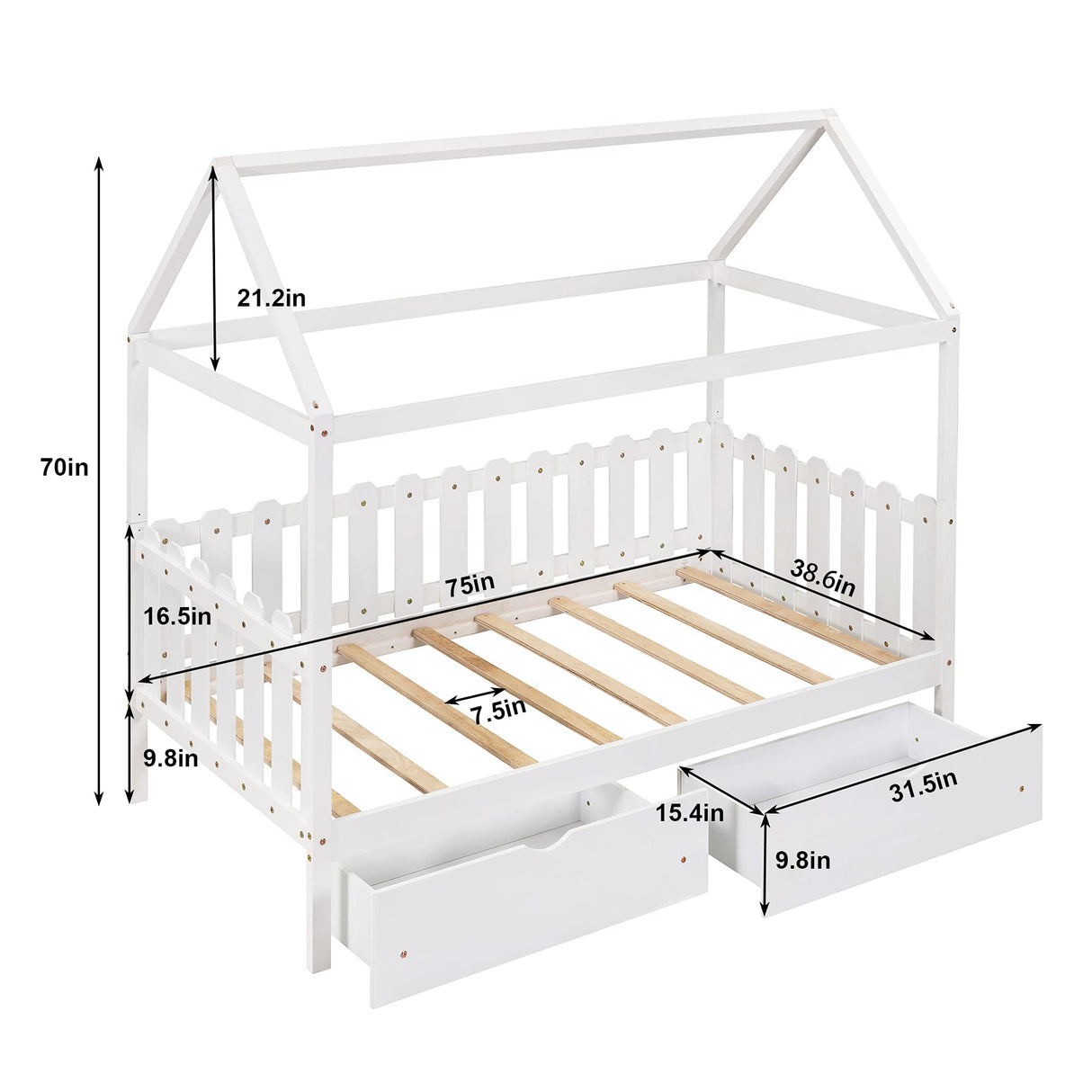 House Bed Twin, Wood House Bed Frame, House Twin Bed with Fence-Shaped