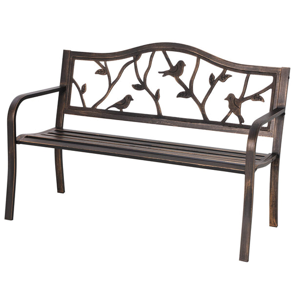 Outdoor Garden Park Bench Patio Metal Bench, Steel Frame Bench with Backrest and Armrests