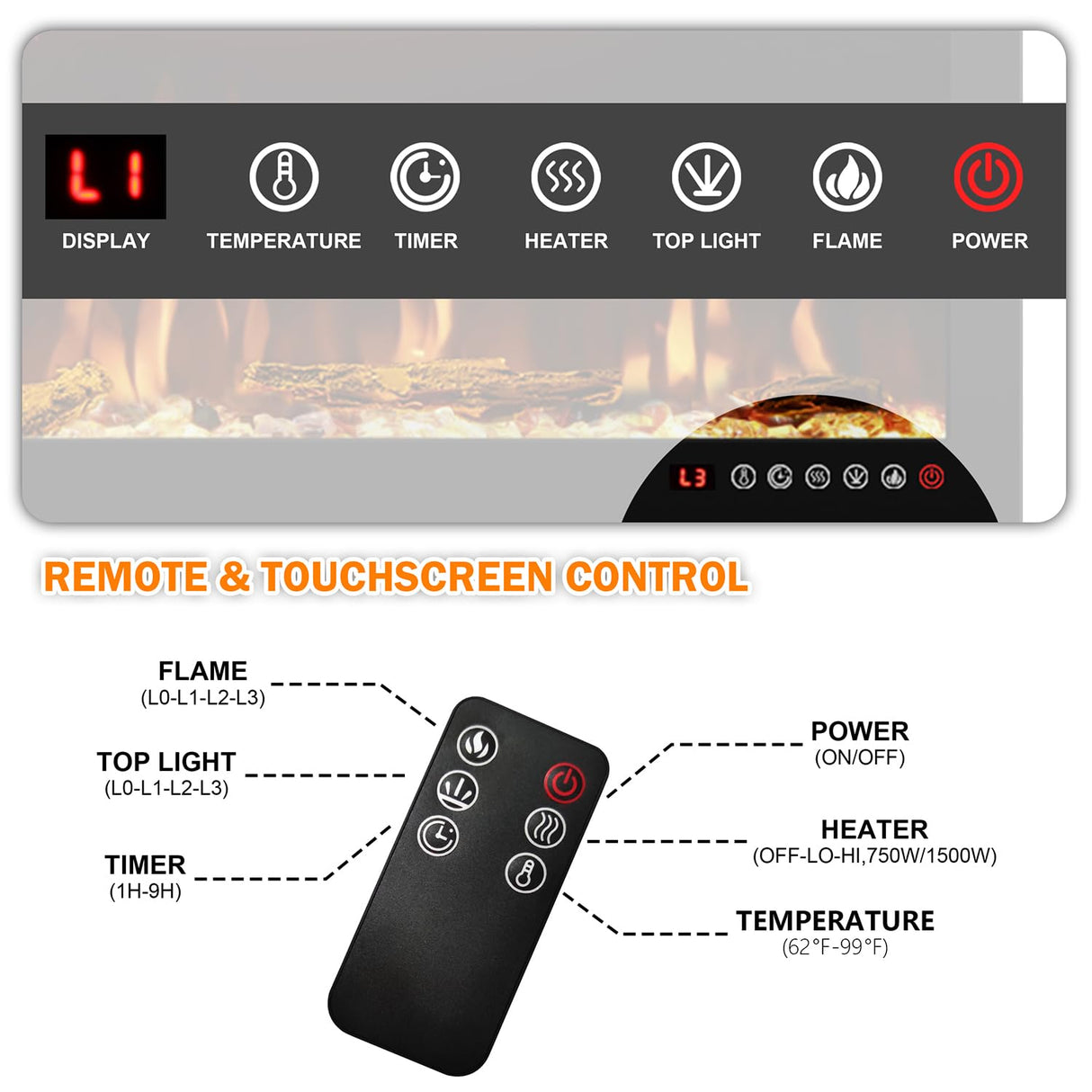 Recessed and Wall Mounted Slim Electric Fireplace