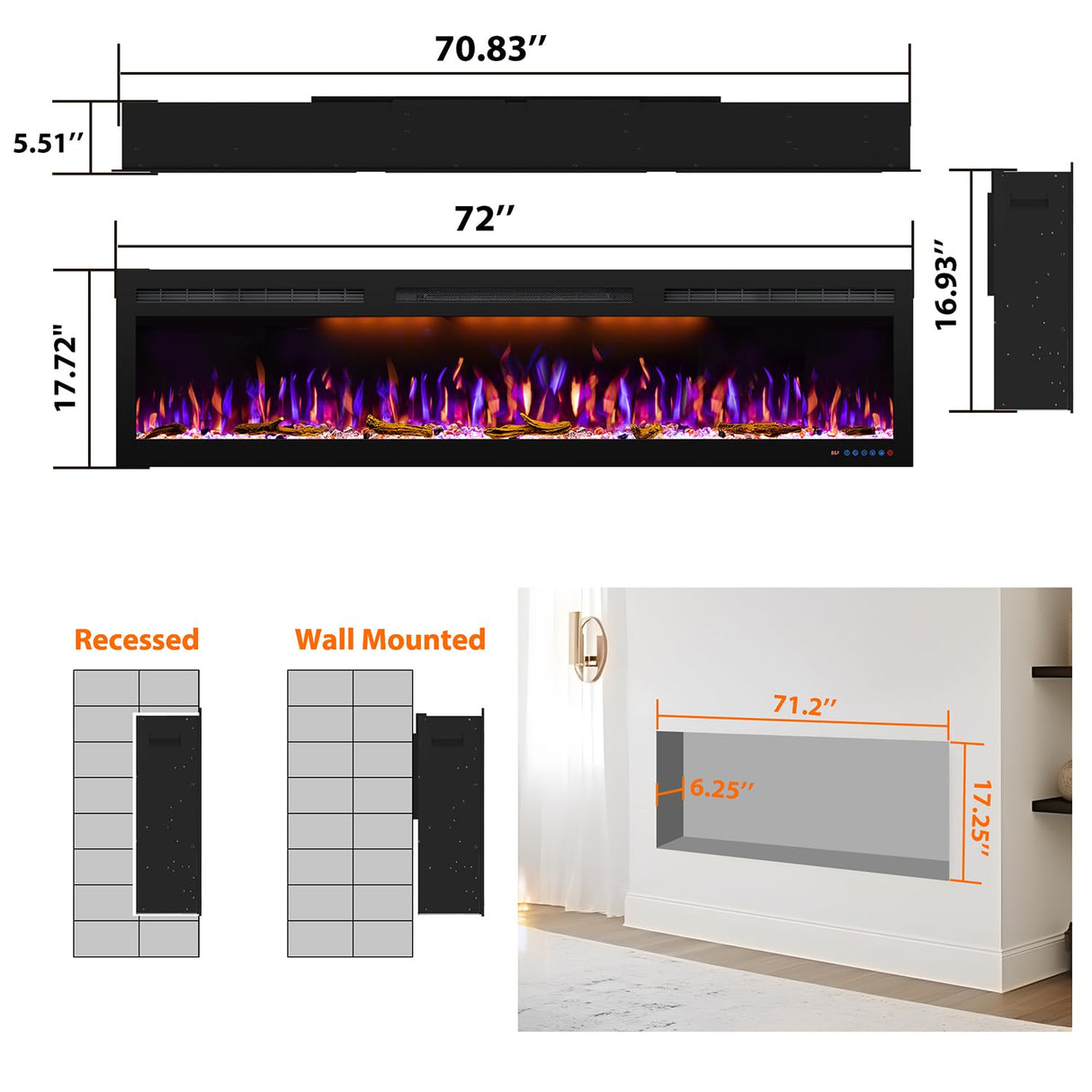 72 inch Electric Fireplace  Ultra Slim Frame