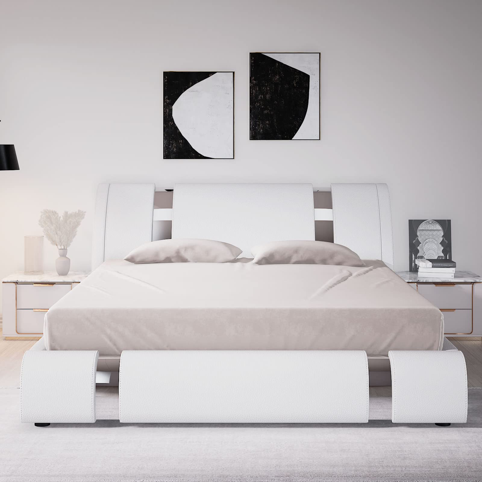 Bed Frame with Iron Piece Decor, Faux Leather Upholstered Platform Bed