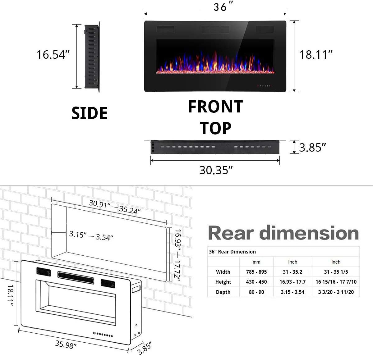 36 inch Recessed and Wall Mounted Electric Fireplace