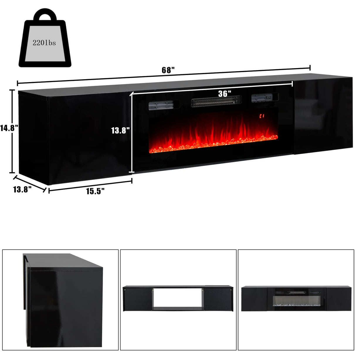 Floating TV Stand with 36" Electric Fireplace, High Gloss Finish Wall