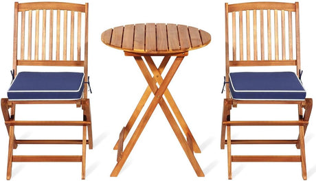 3Pcs Patio Bistro Set, Wood Folding Table Set, 2 Cushioned Chairs