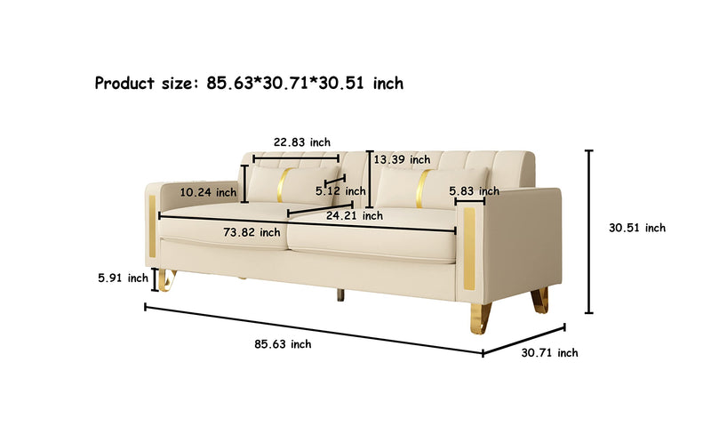 Modern Velvet Sofa Couch, 86" Large Loveseat Sectional Sofa Couch with Gold Legs for 3-4 Persons, Upholstered Deep Seat Love Seat Sofa Chaise for Living Room Office Apartment Beige