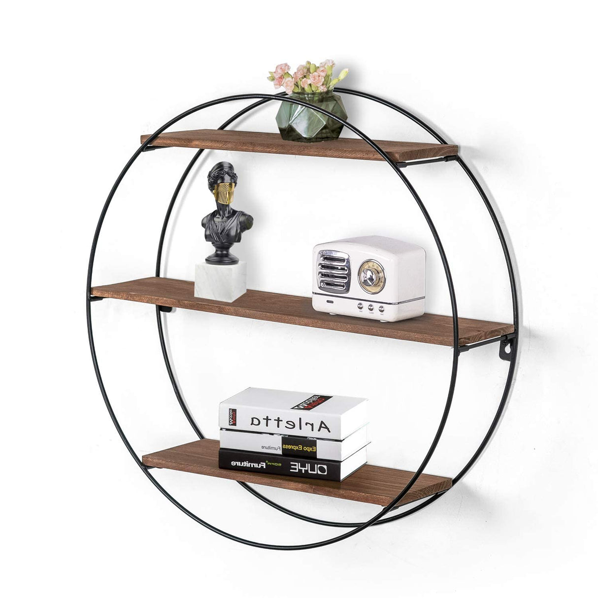 Wall Shelf Round Floating Shelves Sturdy Wood Metal Decorative Shelf for Living Room