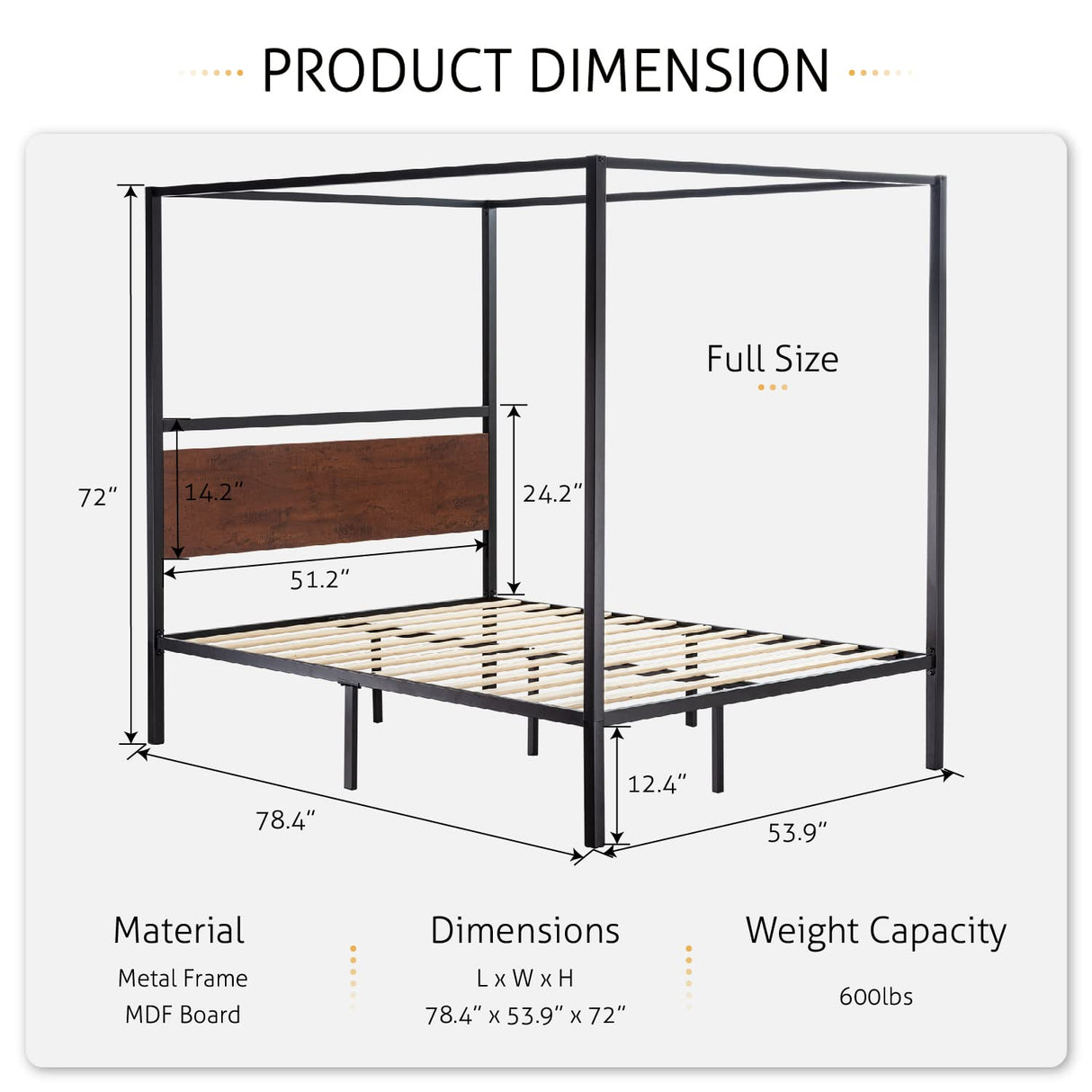 Full Size Metal Canopy Bed Frame with Wooden Headboard, 4-Poster