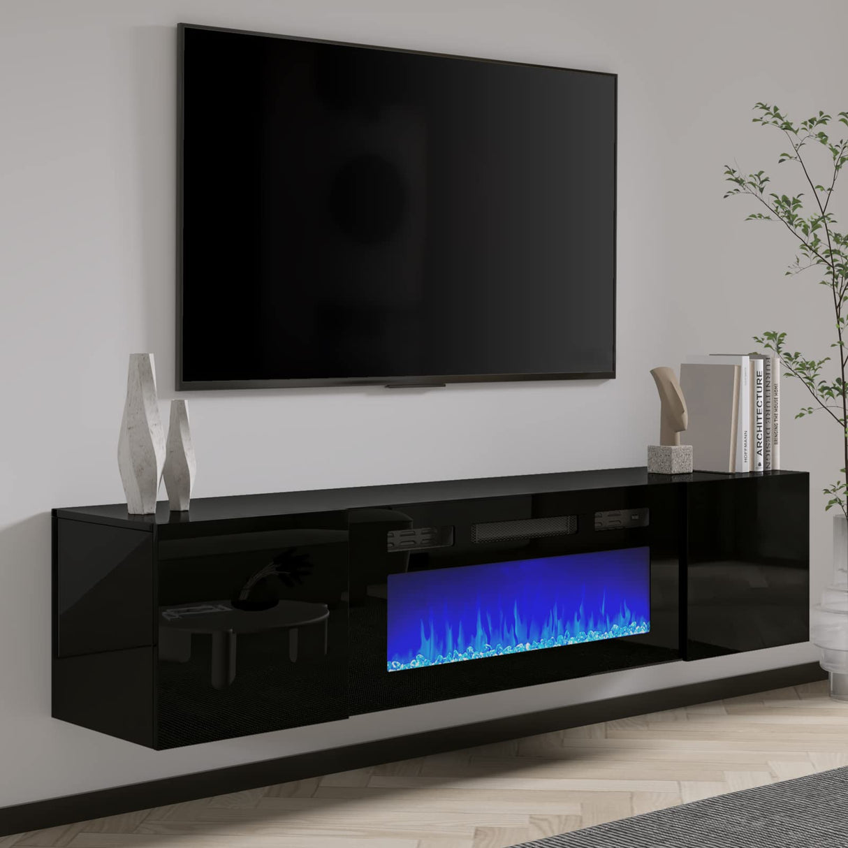 Floating TV Stand with 36" Electric Fireplace, High Gloss Finish Wall