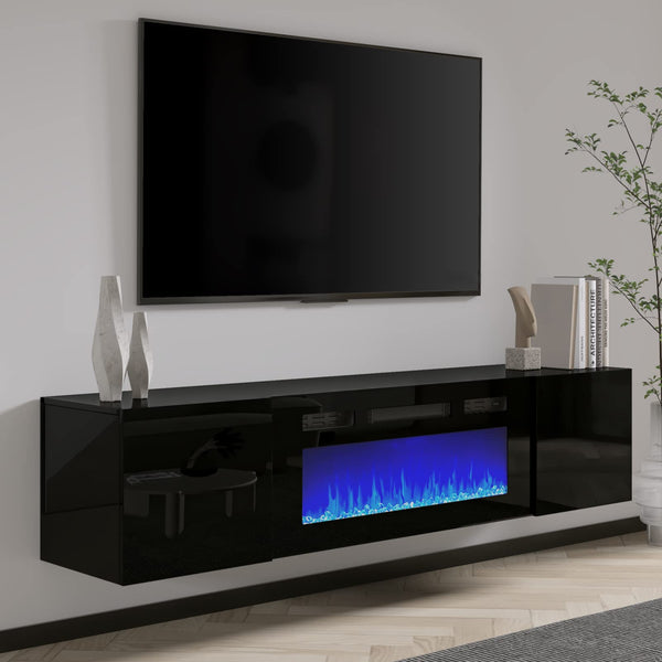 Floating TV Stand with 36" Electric Fireplace, High Gloss Finish Wall Mounted Fireplace Entertainment Center