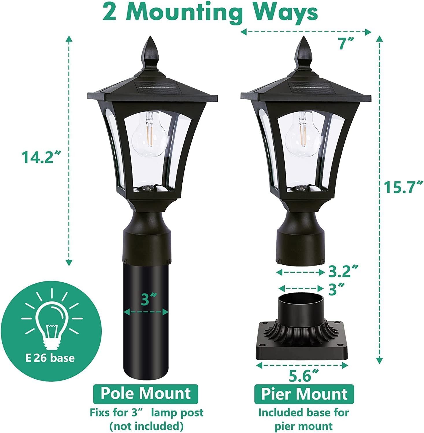 Outdoor Solar Light Fixture with 3" Pier Mount Base, Dusk to Lamp