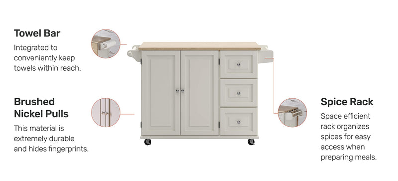 Mobile Kitchen Island Cart with Wood Drop Leaf Breakfast Bar, Off White,Soft White