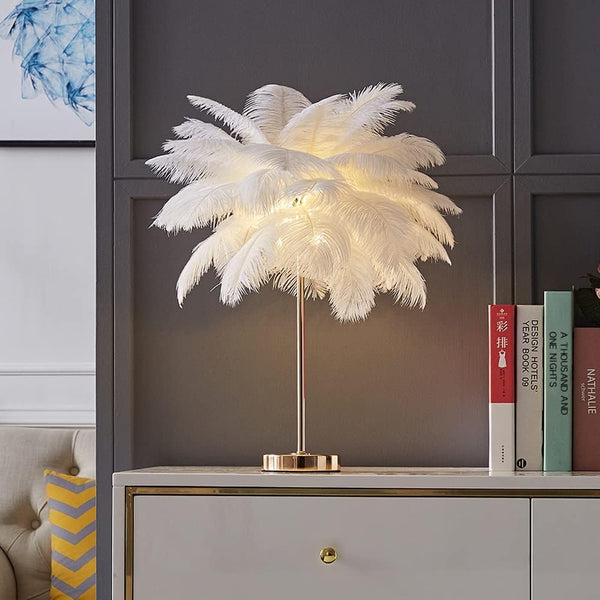 White Feather Table Lamp with Plug in Wire Modern Feather Lamp 3-Light Bedside Table Lamp